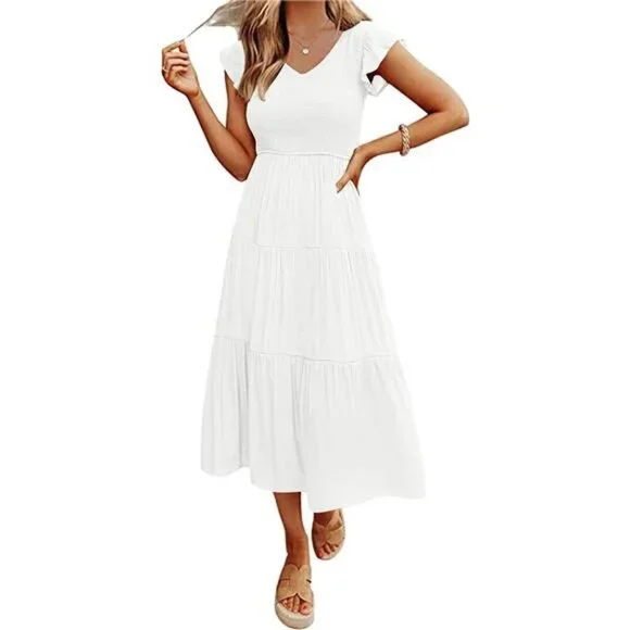 Dresses | Womens V Neck Flutter Sleeve Smocked Midi Dress Casual Tiered  With Pockets | Poshmark